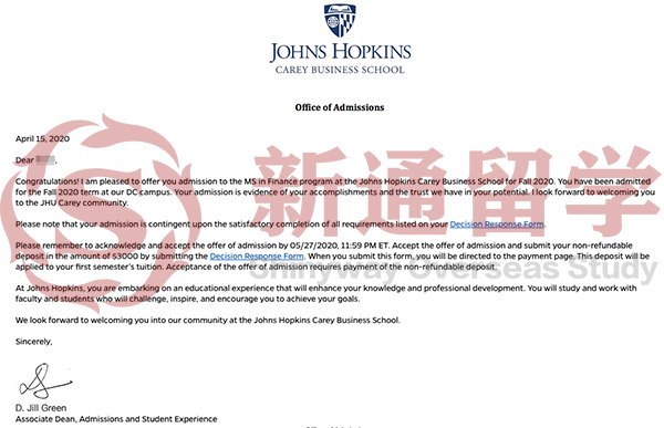 約翰霍普金斯大學金融學碩士錄取